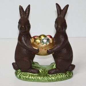 Decorative 7.25" Faux Chocolate Easter Bunnies Figures with Egg Basket NEW NWOT